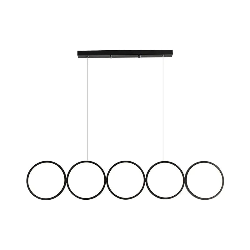 LED Ceiling  5-Ring Black Hanging Island Light Metal Pendant over Table, Warm/White Light