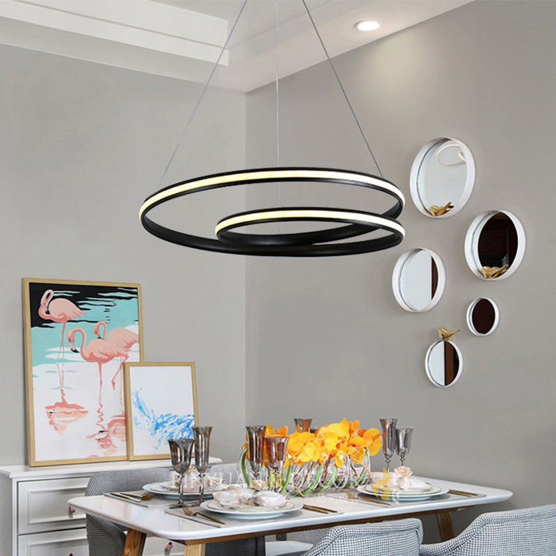 Sleek Spiral Line Chandelier: Black/White, 18"/23.5" Wide LED Pendant Lamp in Warm/White Light