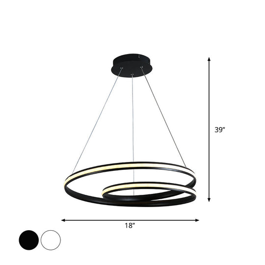 Sleek Spiral Line Chandelier: Black/White, 18"/23.5" Wide LED Pendant Lamp in Warm/White Light