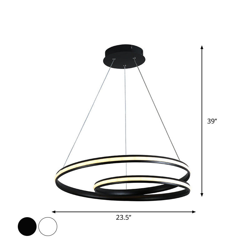 Sleek Spiral Line Chandelier: Black/White, 18"/23.5" Wide LED Pendant Lamp in Warm/White Light