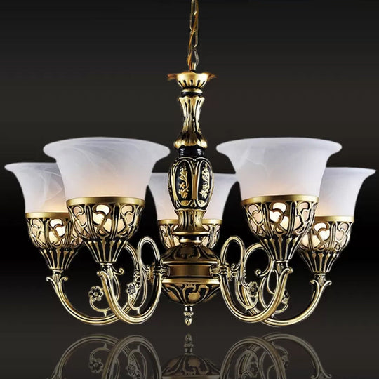 Vintage Bell Ceiling Light With 5 Opal Frosted Glass Bulbs - Bronze Scroll Arm Chandelier