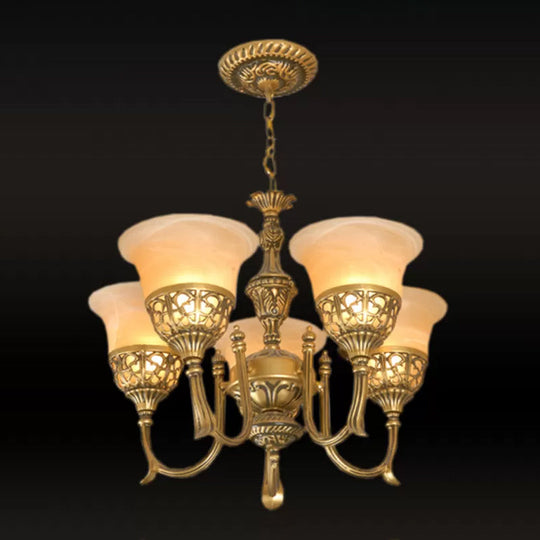 Bronze 5-Light Chandelier: Antiqued Style With Frosted Glass Shades