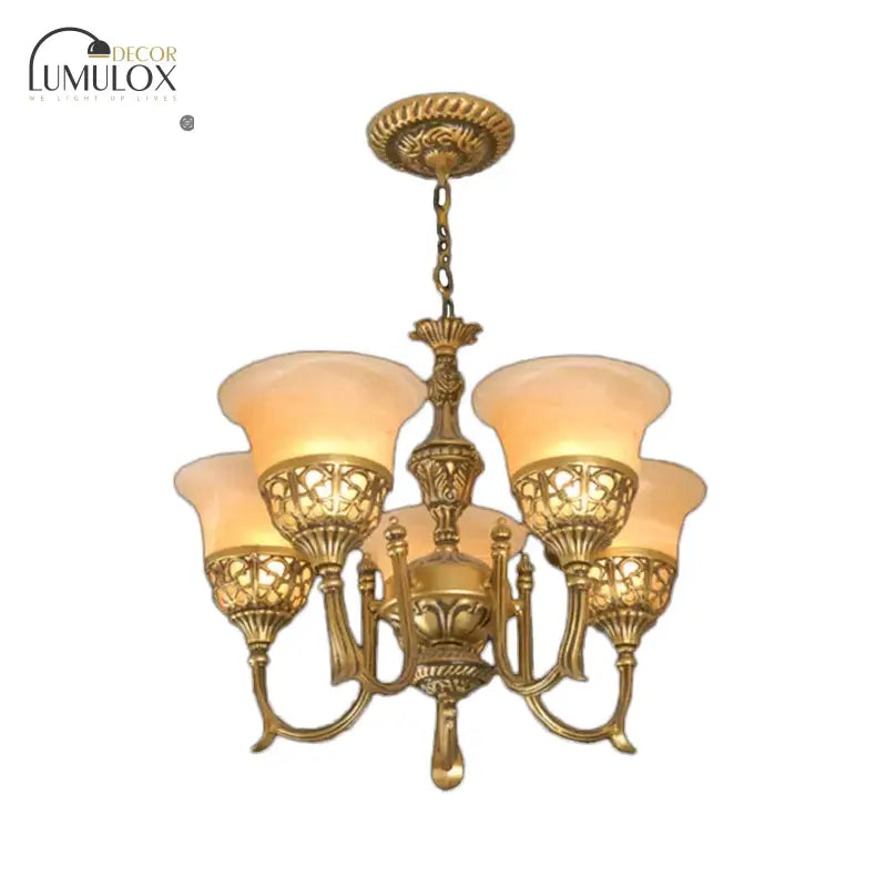 Bronze 5-Light Up Chandelier Antiqued Style Frosted Glass Flared Ceiling Hang Lamp