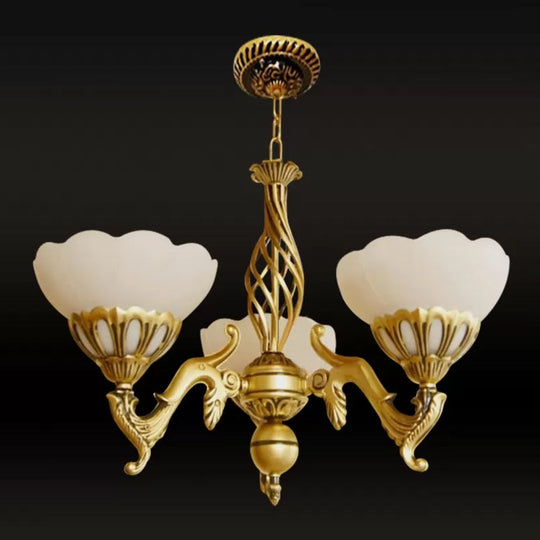 Gold 3-Head Traditional Chandelier With Ivory Glass Flowers - Elegant Hanging Light Fixture