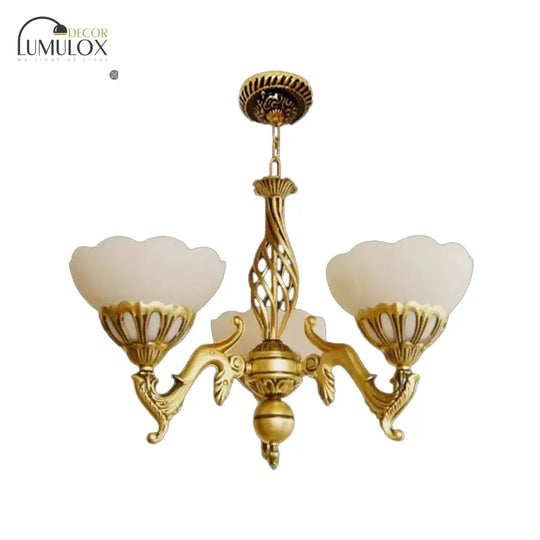 Gold 3 Heads Chandelier Lighting Traditional Ivory Glass Flower Hanging Light Fixture