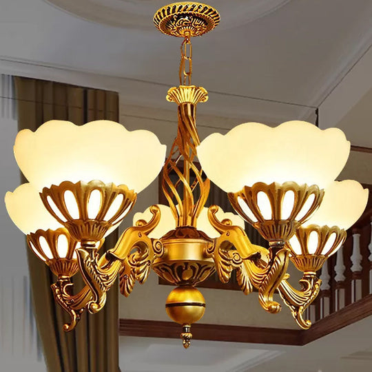 Traditional 5-Light Chandelier With Scalloped Cream Glass Shade In Gold Ideal For Sitting Rooms