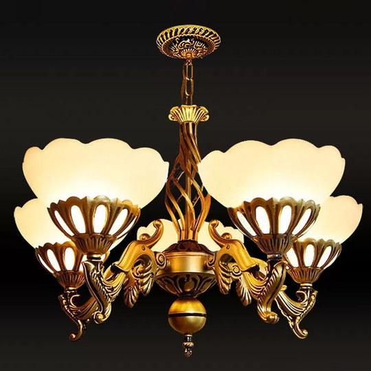 Traditional 5-Light Chandelier With Scalloped Cream Glass Shade In Gold Ideal For Sitting Rooms