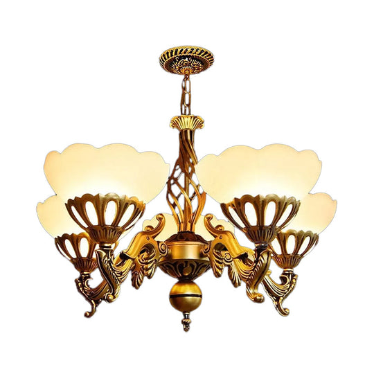 Traditional 5-Light Chandelier With Scalloped Cream Glass Shade In Gold Ideal For Sitting Rooms