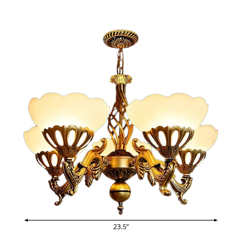 Traditional 5-Light Chandelier With Scalloped Cream Glass Shade In Gold Ideal For Sitting Rooms