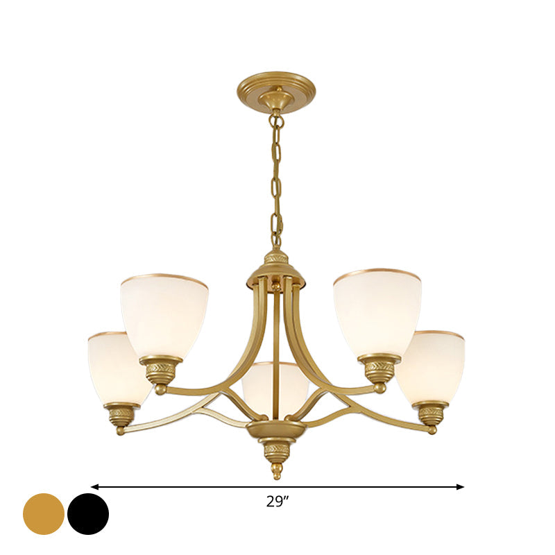 Milky Glass Chandelier Classic Black/Gold Pendant Light - 3/6/8-Light Dining Room Suspension