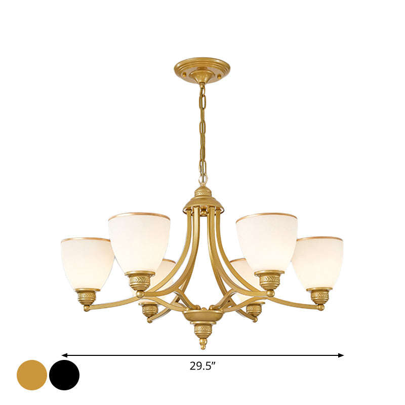 Milky Glass Chandelier Classic Black/Gold Pendant Light - 3/6/8-Light Dining Room Suspension