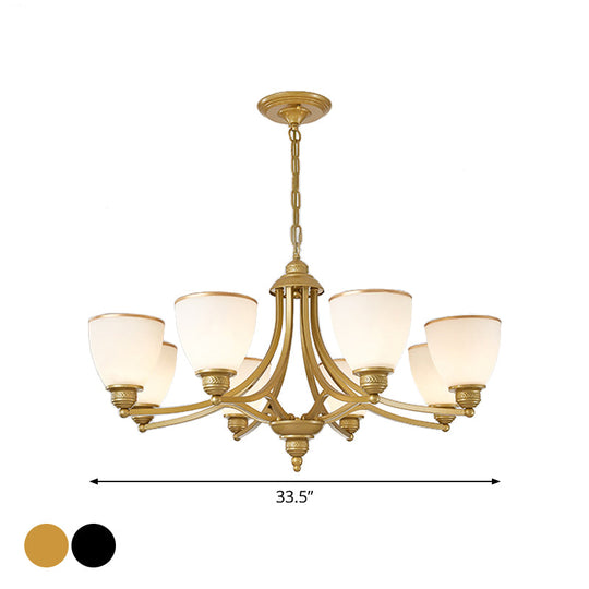 Milky Glass Chandelier Classic Black/Gold Pendant Light - 3/6/8-Light Dining Room Suspension