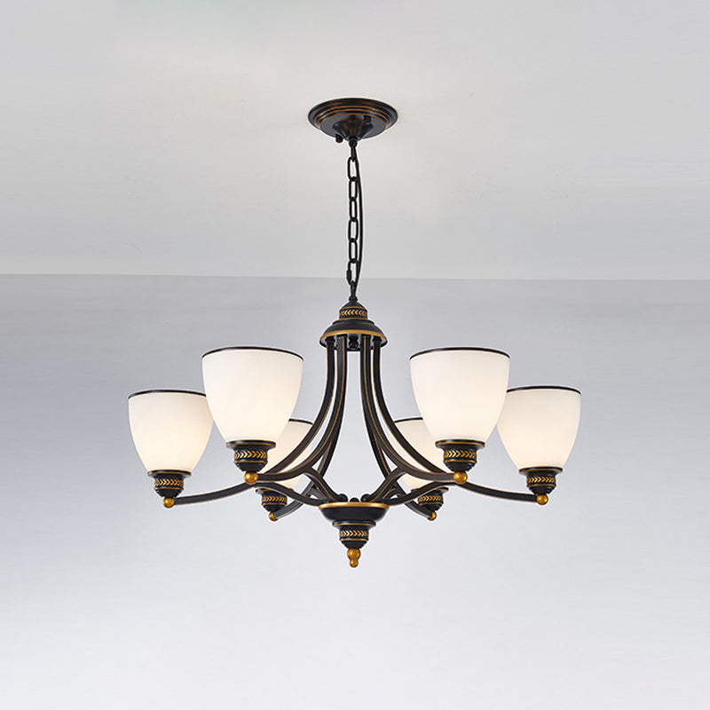 Milky Glass Chandelier Classic Black/Gold Pendant Light - 3/6/8-Light Dining Room Suspension