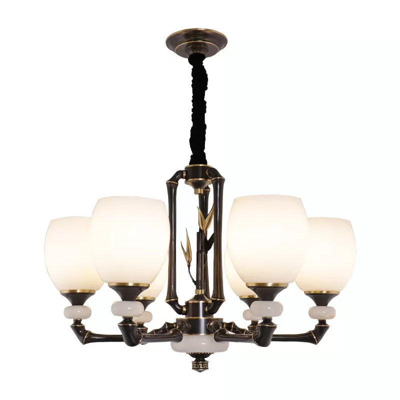 Vintage Cream Glass 6-Head Black Bell Suspension Chandelier For Dining Room