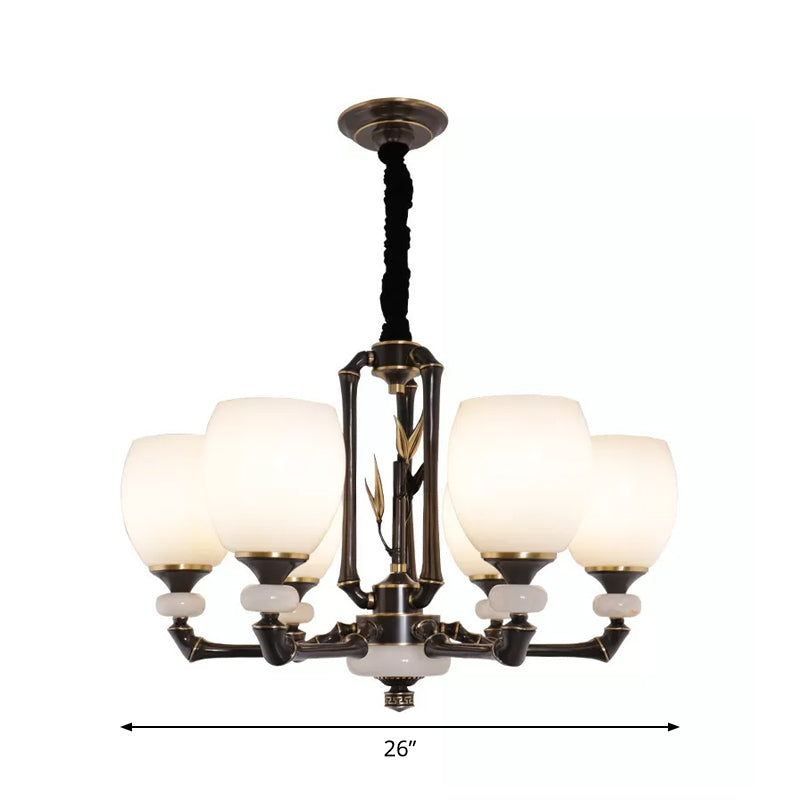 Vintage Cream Glass 6-Head Black Bell Suspension Chandelier For Dining Room