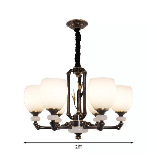 Vintage Cream Glass 6-Head Black Bell Suspension Chandelier For Dining Room