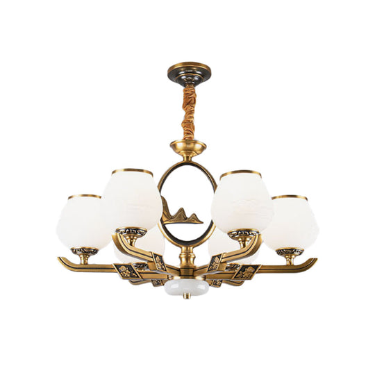 Traditional Brass Chandelier With 6 Hanging Lights & Bud White Glass Shade For Dining Room