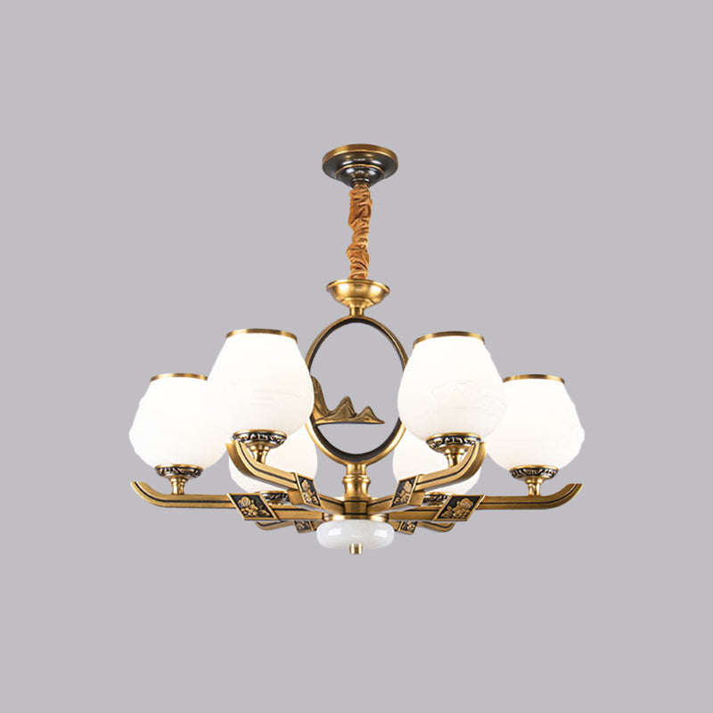 Traditional Brass Chandelier With 6 Hanging Lights & Bud White Glass Shade For Dining Room