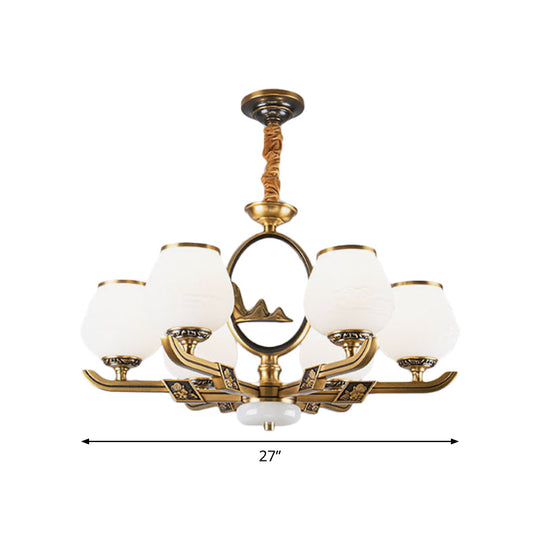 Traditional Brass Chandelier With 6 Hanging Lights & Bud White Glass Shade For Dining Room