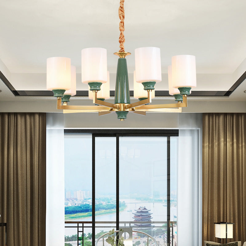 Retro Emerald White Glass Cylindrical Chandelier - Suspended Lighting Fixture With 3/8/12 Lights