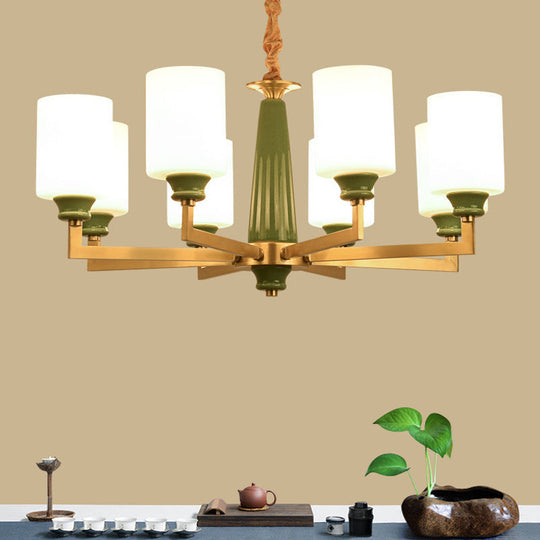 Retro Emerald White Glass Cylindrical Chandelier - Suspended Lighting Fixture With 3/8/12 Lights