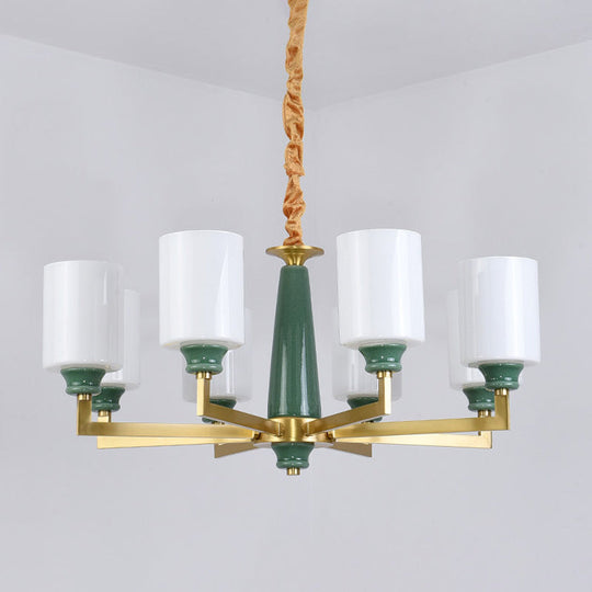 Retro Emerald White Glass Cylindrical Chandelier - Suspended Lighting Fixture With 3/8/12 Lights