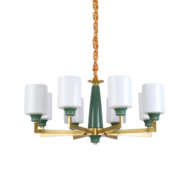 Retro Emerald White Glass Cylindrical Chandelier - Suspended Lighting Fixture With 3/8/12 Lights