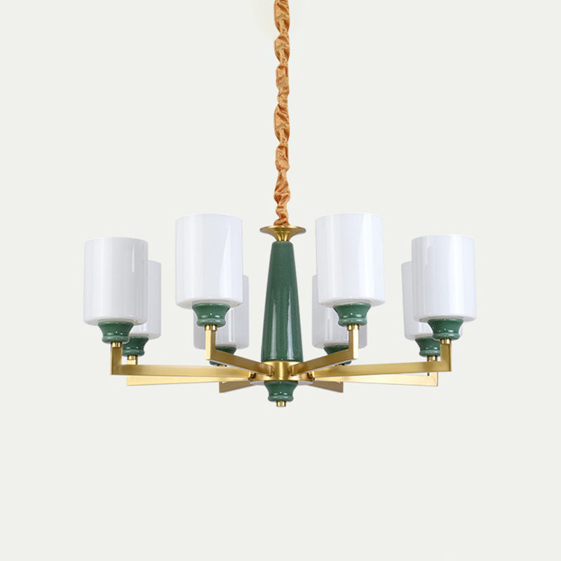 Retro Emerald White Glass Cylindrical Chandelier - Suspended Lighting Fixture With 3/8/12 Lights