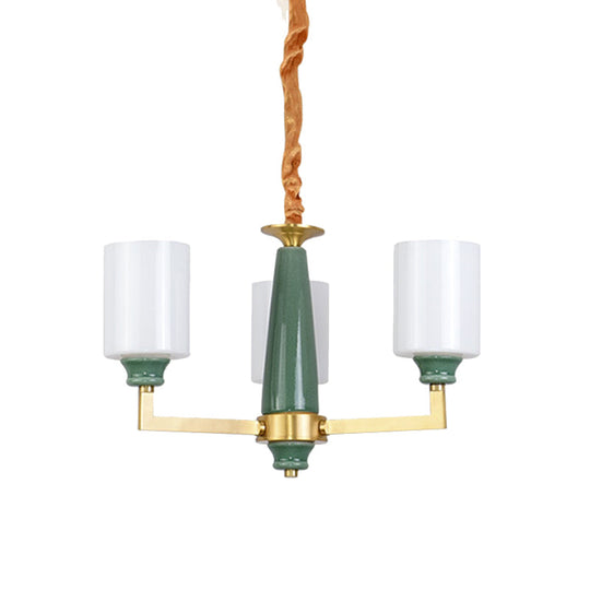 Retro Emerald White Glass Cylindrical Chandelier - Suspended Lighting Fixture With 3/8/12 Lights