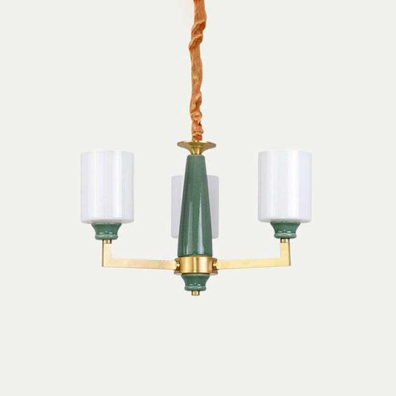 Retro Emerald White Glass Cylindrical Chandelier - Suspended Lighting Fixture With 3/8/12 Lights