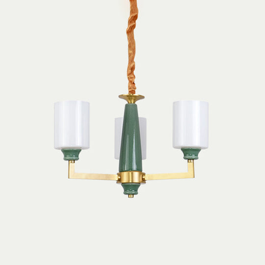 Retro Emerald White Glass Cylindrical Chandelier - Suspended Lighting Fixture With 3/8/12 Lights