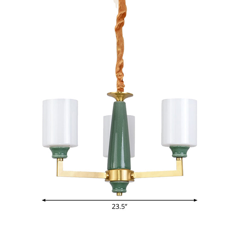 Retro Emerald White Glass Cylindrical Chandelier - Suspended Lighting Fixture With 3/8/12 Lights