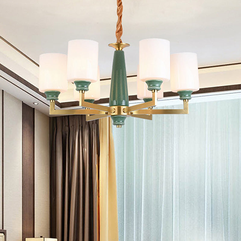 Retro Emerald White Glass Cylindrical Chandelier - Suspended Lighting Fixture With 3/8/12 Lights