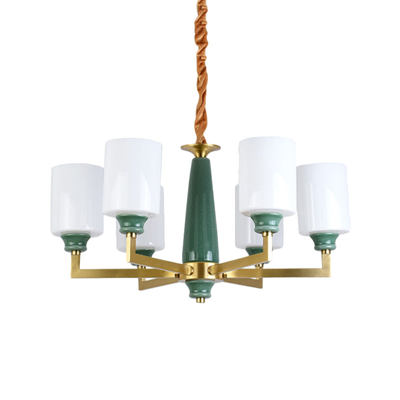 Retro Emerald White Glass Cylindrical Chandelier - Suspended Lighting Fixture With 3/8/12 Lights