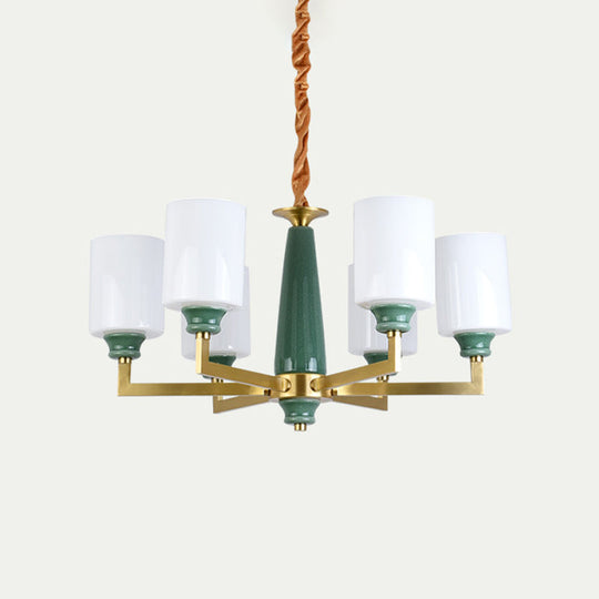 Retro Emerald White Glass Cylindrical Chandelier - Suspended Lighting Fixture With 3/8/12 Lights