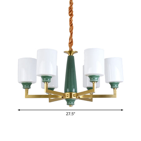 Retro Emerald White Glass Cylindrical Chandelier - Suspended Lighting Fixture With 3/8/12 Lights