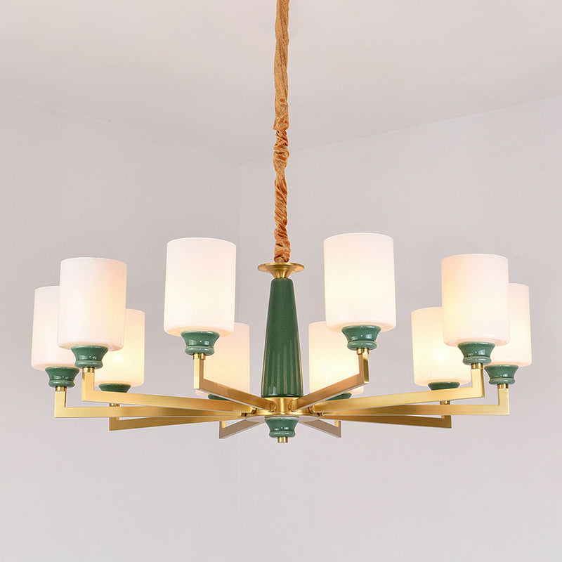 Retro Emerald White Glass Cylindrical Chandelier - Suspended Lighting Fixture With 3/8/12 Lights