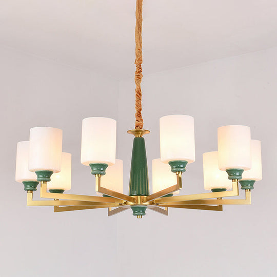 Retro Emerald White Glass Cylindrical Chandelier - Suspended Lighting Fixture With 3/8/12 Lights