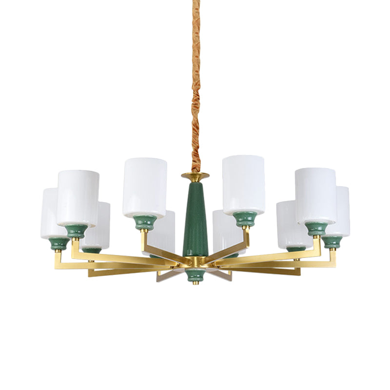 Retro Emerald White Glass Cylindrical Chandelier - Suspended Lighting Fixture With 3/8/12 Lights