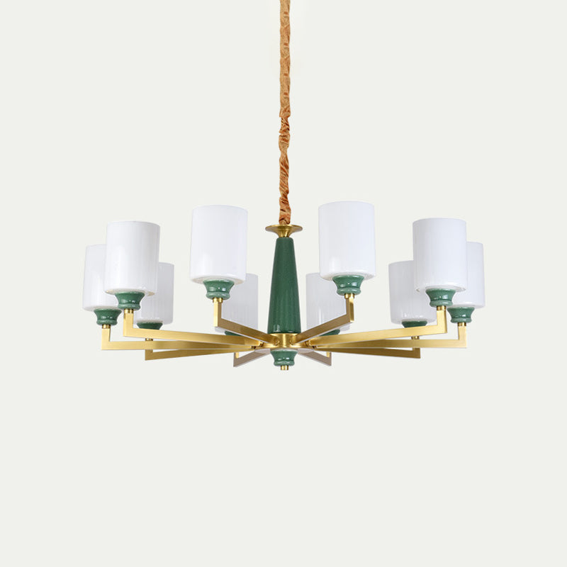 Retro Emerald White Glass Cylindrical Chandelier - Suspended Lighting Fixture With 3/8/12 Lights