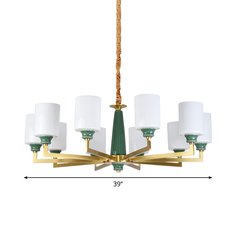 Retro Emerald White Glass Cylindrical Chandelier - Suspended Lighting Fixture With 3/8/12 Lights