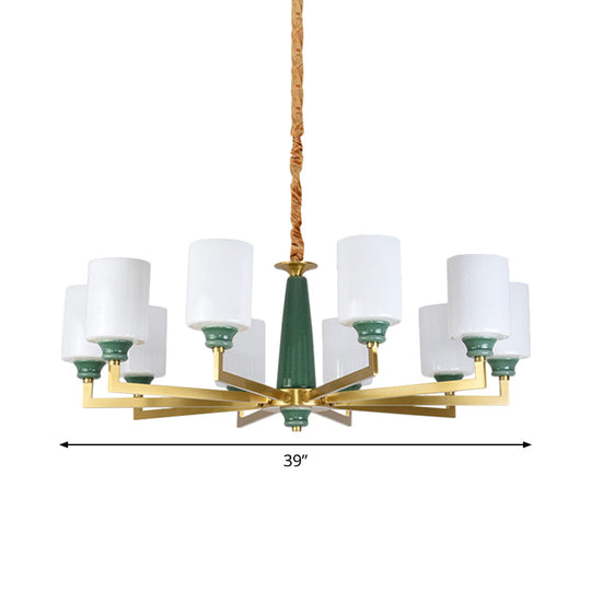 Retro Emerald White Glass Cylindrical Chandelier - Suspended Lighting Fixture With 3/8/12 Lights