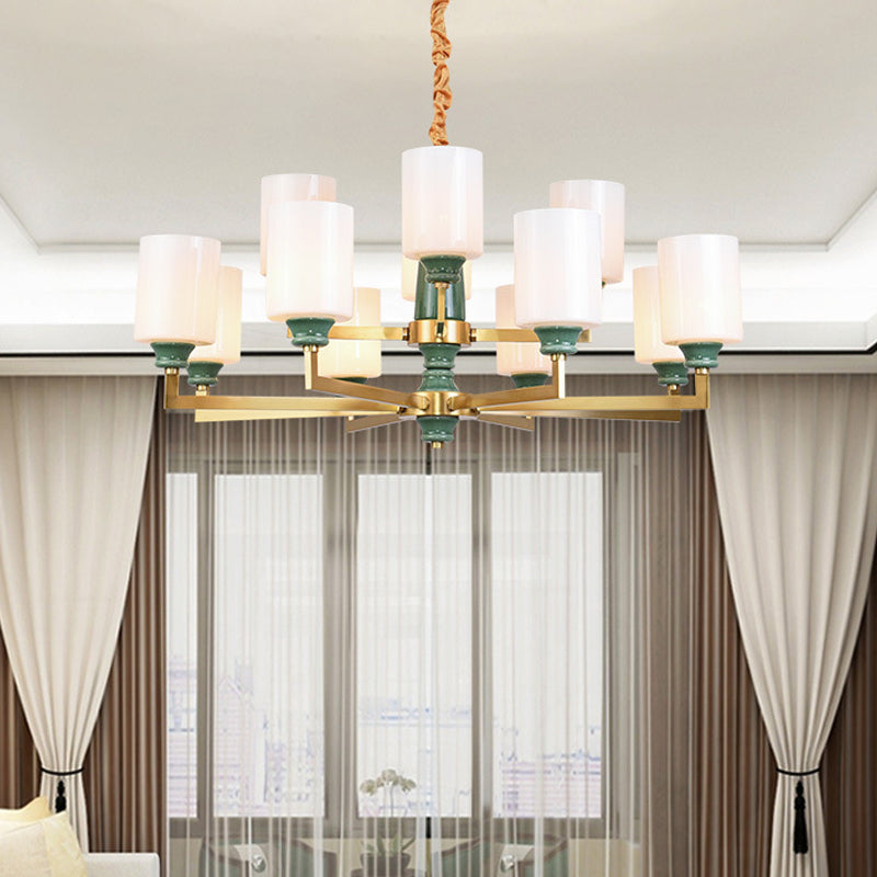 Retro Emerald White Glass Cylindrical Chandelier - Suspended Lighting Fixture With 3/8/12 Lights