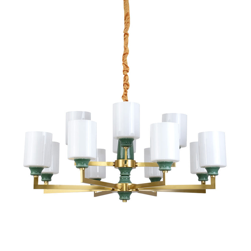 Retro Emerald White Glass Cylindrical Chandelier - Suspended Lighting Fixture With 3/8/12 Lights