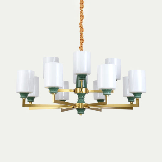 Retro Emerald White Glass Cylindrical Chandelier - Suspended Lighting Fixture With 3/8/12 Lights