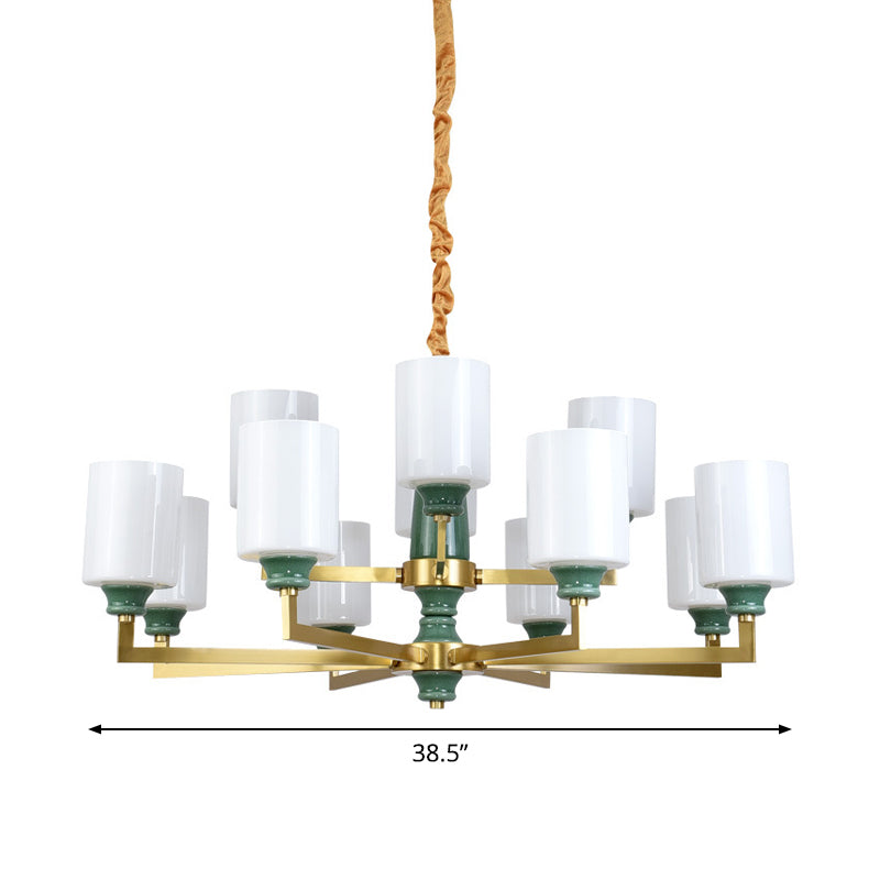 Retro Emerald White Glass Cylindrical Chandelier - Suspended Lighting Fixture With 3/8/12 Lights