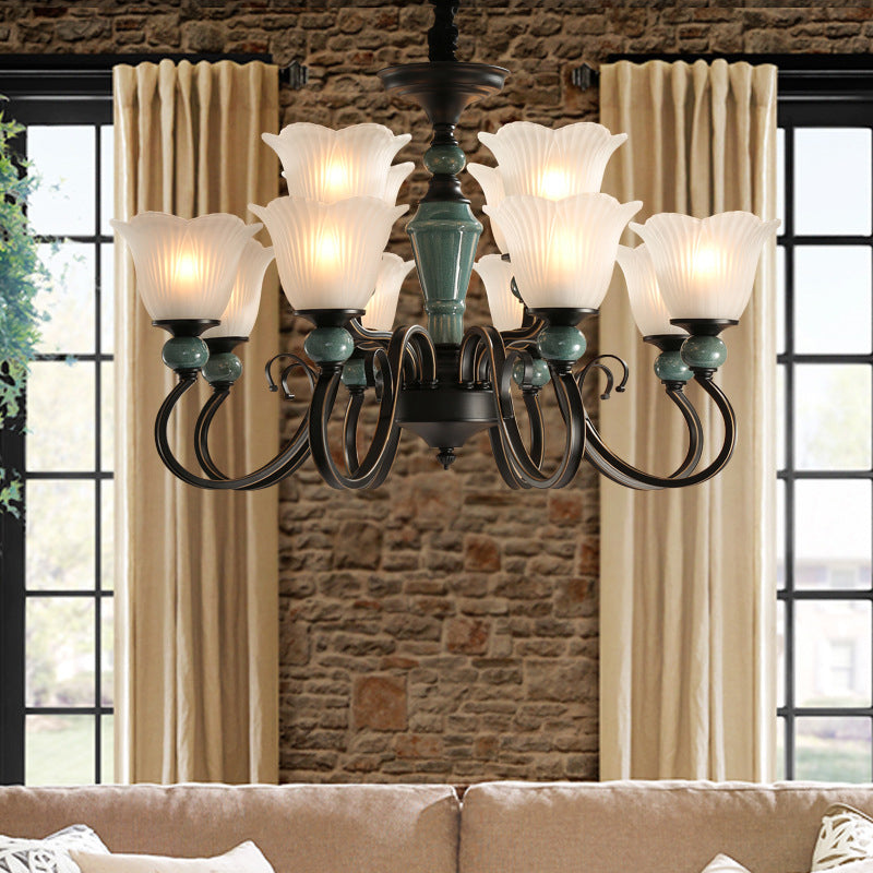 Farmhouse Blossom Up Chandelier - 3/8/12 Frosted Ribbed Glass Ceiling Hang Lights In Blackish Green