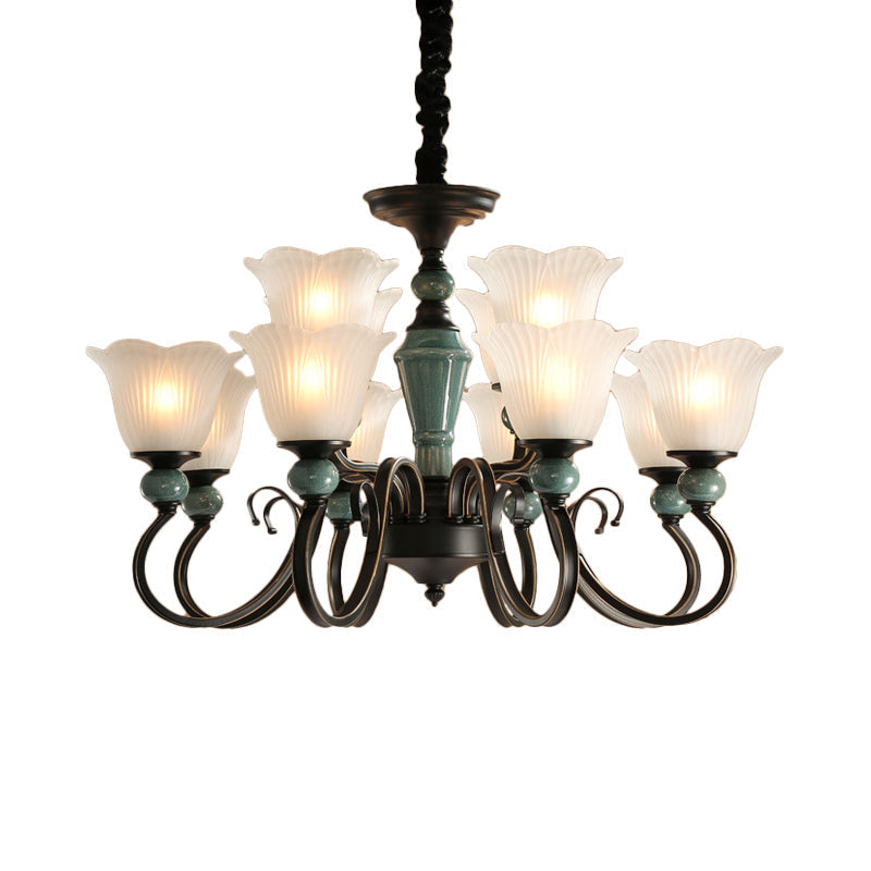 Farmhouse Blossom Up Chandelier - 3/8/12 Frosted Ribbed Glass Ceiling Hang Lights In Blackish Green