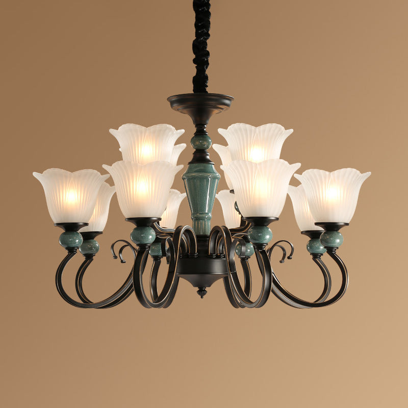 Farmhouse Blossom Up Chandelier - 3/8/12 Frosted Ribbed Glass Ceiling Hang Lights In Blackish Green