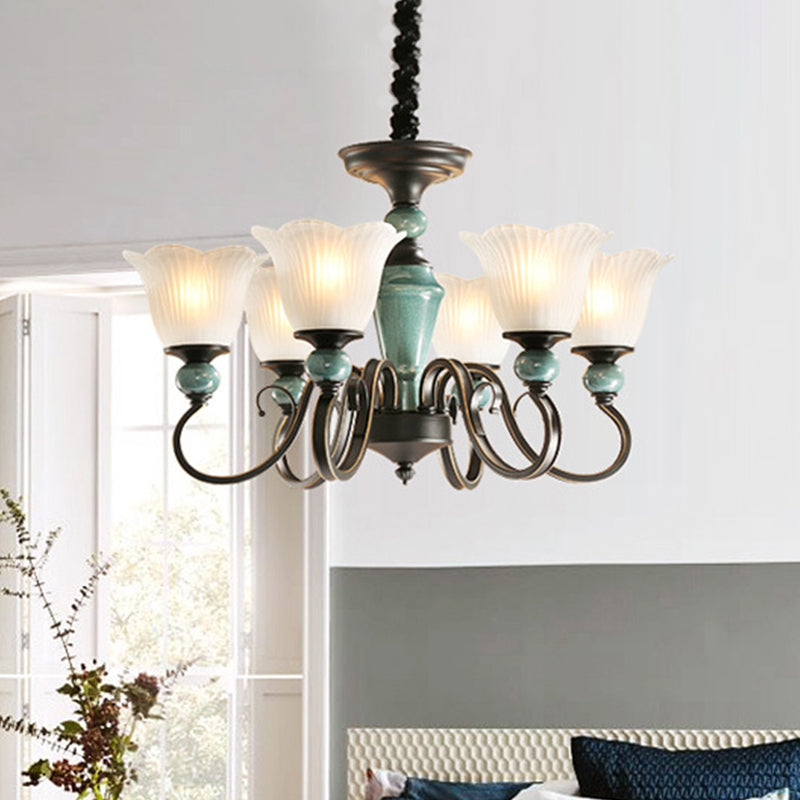 Farmhouse Blossom Up Chandelier - 3/8/12 Frosted Ribbed Glass Ceiling Hang Lights In Blackish Green